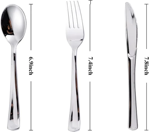 Miniatura 2 de N9R 200 piezas de cubiertos de plástico dorado desechables - Juego de cubiertos de plástico dorado, 100 tenedores, 50 cucharas, 50 cuchillos