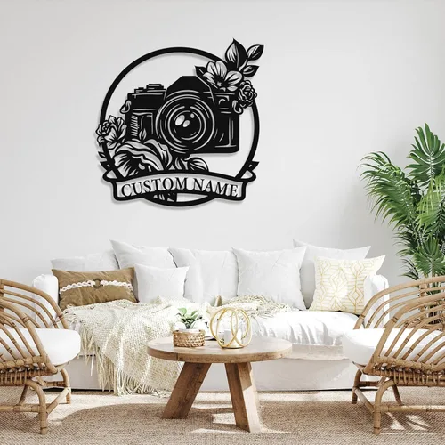 Miniatura 2 de Letrero de metal personalizado para fotógrafo, arte de pared de hierro para cámara y niña con cámara, decoración única con temática de fotografía