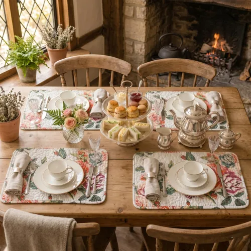Miniatura 2 de DaDa Bedding - Juego de 4 manteles individuales para mesa de comedor, diseño de rosas románticas, de algodón, acolchado, para jardín, casa de campo