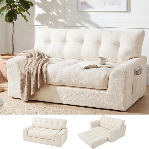MONVANE 55.5" Convertible Loveseat Sofa, 2-in-1 Boneless Sleeper Sofa Bed Futon Couch with Storage Pocket, Comfy Chenille Deep Seat Boneless Couch