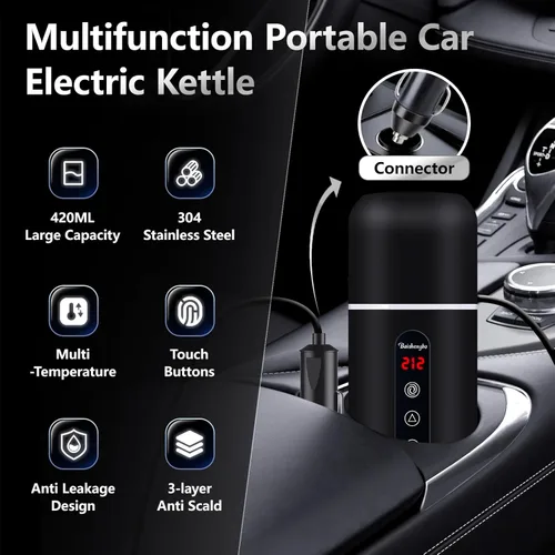Miniatura 2 de Tetera de Coche, Hervidor Eléctrico Portátil de Viaje, Calentador de Café para Coche de 12V/24V, Hervidor de Agua Caliente de 420ML, Pequeño