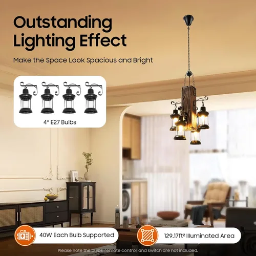 Miniatura 3 de DouSeiAi Lámpara colgante de madera industrial vintage de 4 luces, lámpara de araña retro con base E26, accesorio de techo colgante para cafetería