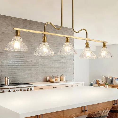 Lámpara de araña vintage, 5 luces colgantes de latón, iluminación de isla de cocina con pantalla de vidrio de flores, lámpara colgante de techo para