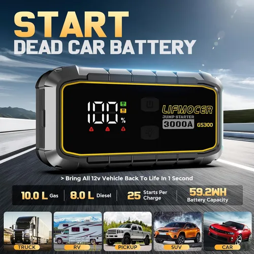 Miniatura 3 de GS300 Arrancador de coche, batería portátil de 3000 A para motores de gasolina de hasta 10.0 L y 8.0 L diésel, caja de salto de 59.2 WH 12 V
