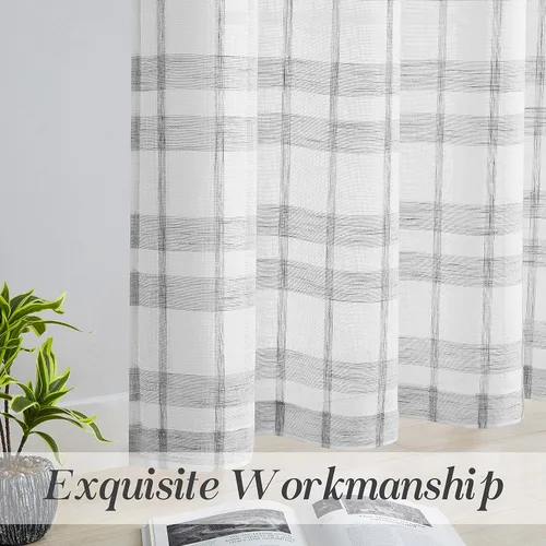Miniatura 3 de SXZJTEX Cortinas a cuadros grises y blancos, cortinas rústicas de lino traslúcido a cuadros de 63 pulgadas de largo para sala de estar, dormitorio