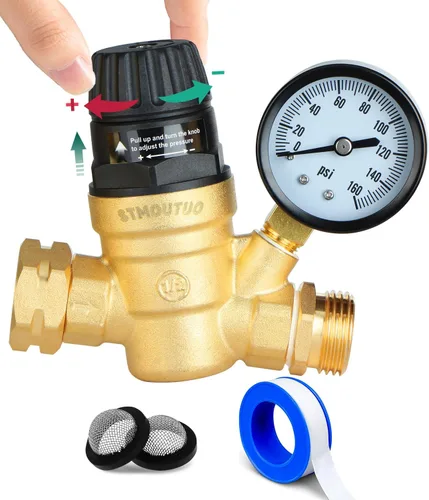 STMOUTUO Regulador de presión de agua para autocaravanas. Regulador de presión de agua ajustable de latón sin plomo para autocaravanas con medidor
