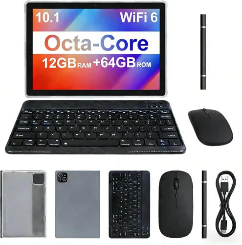2026 Última tableta, 12 GB de RAM 64 GB ROM, procesador Octa-Core 10.1 pulgadas HD IPS pantalla táctil tabletas Android, tableta 2 en 1 con teclado,