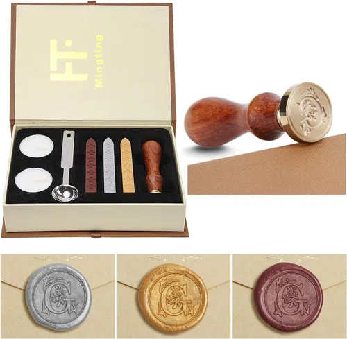 Miniatura 13 de Juego de sellos de cera, Juego clásico de sellos de cera antiguo estilo antiguo con letras iniciales del alfabeto, Caja de regalo con asa de madera