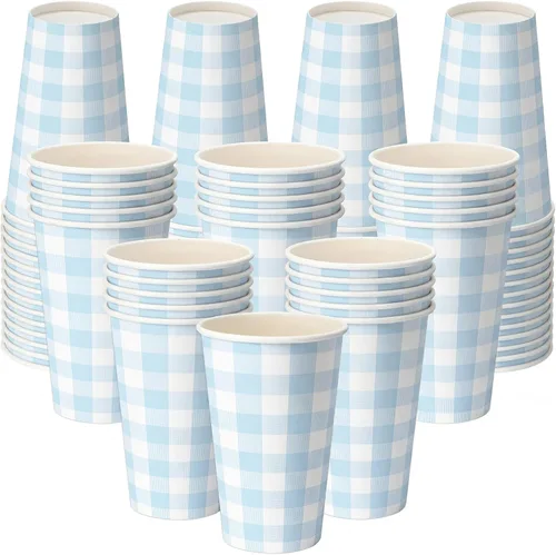 Tioncy 50 vasos de papel de cuadros azules desechables de 12 onzas para baby shower, fiesta de té, bebida, agua, jugo, expreso, bebidas calientes y