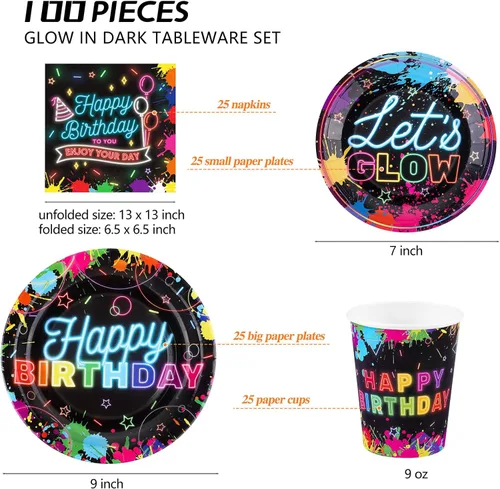 Miniatura 2 de Durony 100 piezas de suministros de fiesta de neón que brillan en la oscuridad, incluye platos de papel, vasos, servilletas, decoraciones de fiesta