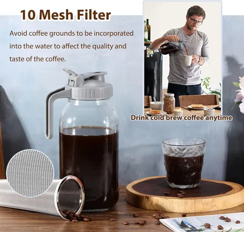 Miniatura 3 de Glyntrof Cafetera de Café Frío Jarra de Vidrio, Frasco Mason de 32 oz con Tapa con Asa y Pico Vertedor con Filtro de Acero Inoxidable para Café Gris