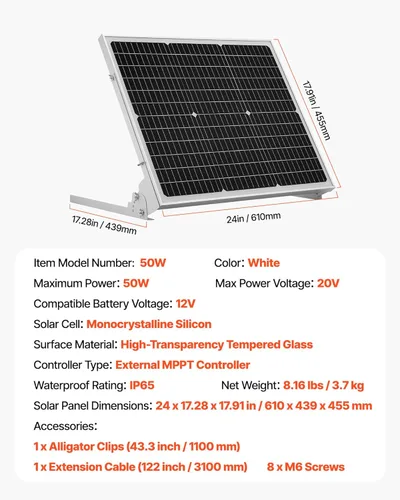 Miniatura 7 de VEVOR 50W 12V Cargador Lento y Mantenedor para Batería Solar, Cargador de Batería de Panel Solar Mono con Controlador MPPT Mejorado y Soporte