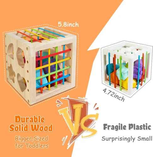 Miniatura 2 de HELLOWOOD Juguetes Montessori para niños de 1 año en adelante, cubo clasificador de madera con 8 formas de traqueteo, juguetes de aprendizaje