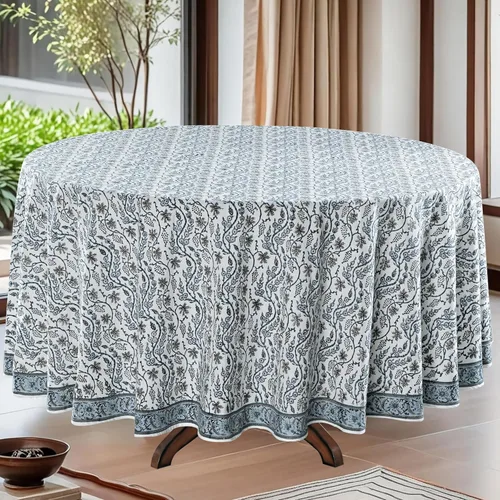 Miniatura 14 de Ridhi Mantel redondo de algodón reutilizable con estampado de bloque a mano, color verde espárragos, 60 pulgadas, mantel decorativo para uso diario