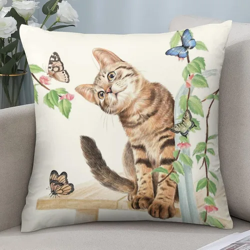 Miniatura 8 de Fundas de almohada con diseño de mariposa de gato de 20 x 20 pulgadas, bonito patrón de dibujos animados, fondo beige, para decoración del hogar