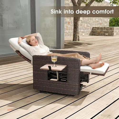 Miniatura 4 de kinbor Silla reclinable para exteriores, silla giratoria de 360° con respaldo alto para patio, con mesa auxiliar abatible, cojín extraíble y Beige-1