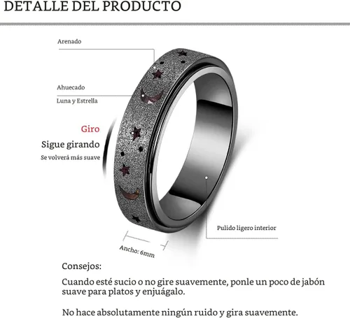 Miniatura 5 de Anillo Giratorio para Ansiedad - Anillo de Dedo de Acero Inoxidable para Hombres y Mujeres - Luna Estrella Negro 8