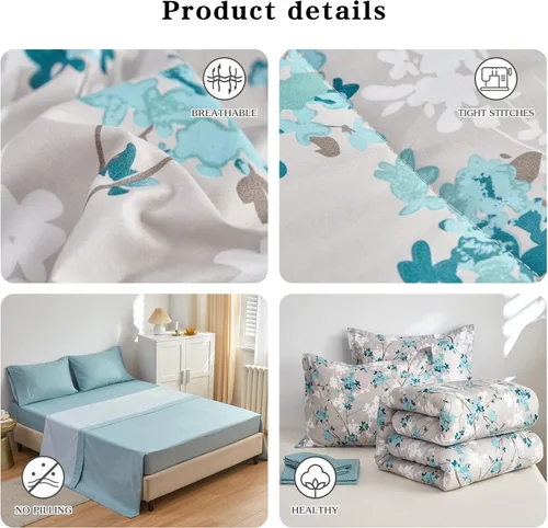 Miniatura 4 de Flysheep Juego de ropa de cama botánica gris en una bolsa, tamaño Queen, 7 piezas, diseño floral elegante con hojas grises aguamarina, para todas