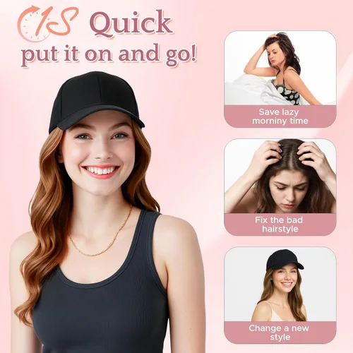 Miniatura 2 de SEGO - Peluca de gorra con pelo adjunto para mujer, gorra negra de béisbol con extensiones de pelo, gorra de béisbol larga y ondulada con ajuste