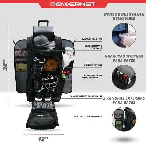 Miniatura 3 de PowerNet Optimus - Bolsa de receptor, bolsa de equipo rodante para todos los equipos de béisbol y sóftbol, 7 fundas internas para bate