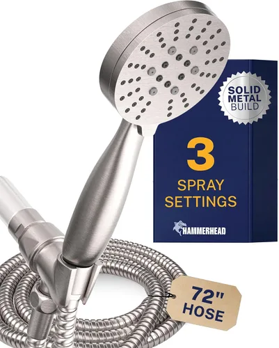 Miniatura 9 de HammerHead Showers Solid Metal 3-Spray Handheld Shower Head with Long Hose and Holder, High Pressure, Wide/Massage/Mist Sprays, Brushed Nickel, 1.75