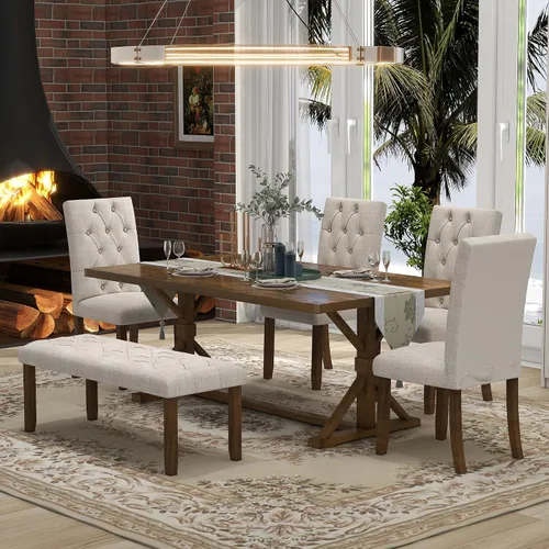 Miniatura 11 de LUMISOL Juego de 6 mesas de comedor de estilo rústico para 6, mesa de cocina de madera maciza de 60 pulgadas con banco y 4 sillas, acabado marrón