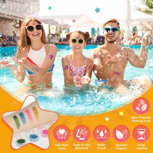 Miniatura 3 de Kit de tatuaje temporal de 30 colores para niñas, 147 plantillas, 4 pinceles, 2 pegamento, tatuajes con purpurina para niños o adultos, para niñas