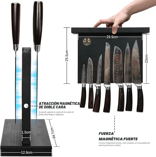 Miniatura 4 de Juego de 7 cuchillos de cocina con bloque magnético - Acero inoxidable de alto carbono, forjado a mano, apto para lavavajillas - Juego de cuchillos