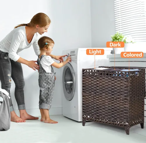 Miniatura 2 de Cesta para ropa sucia con 3 bolsas de forro extraíbles; cesta de lavandería de ratán tejida a mano de 132L con tapa y pies elevados; cesta de ropa