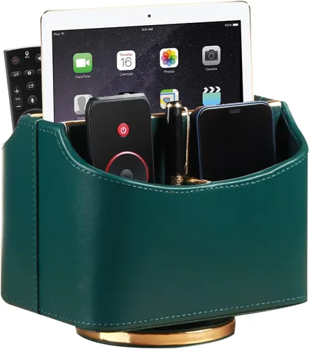 Miniatura 16 de YAPISHI Soporte para control remoto de cuero antiguo, caja giratoria de 360 grados para escritorio, organizador de mesa de noche para control
