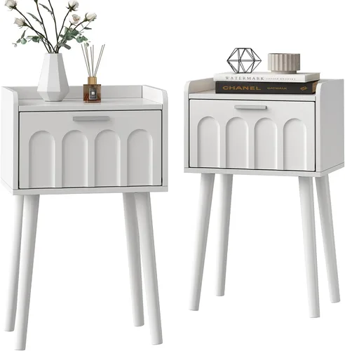 Miniatura 12 de LAATOOREE Juego de 2 mesitas de noche, mesa auxiliar de cama pequeña con puerta de arco, mesa auxiliar de mediados de siglo con patas de madera