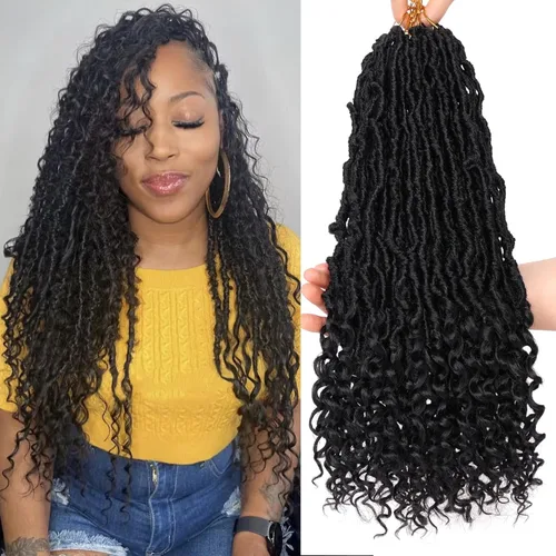 Leeven 7 paquetes de rastas sintéticas con extremos rizados de 18 pulgadas, rastas de diosa preenrolladas para cabello de ganchillo, 84 hebras 1b#