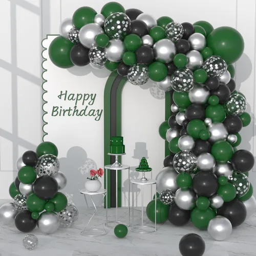 Miniatura 19 de Kit de arco de guirnalda de globos de color verde oscuro, negro y dorado, 122 globos de confeti negro verde oscuro metálico dorado para selva, Verde