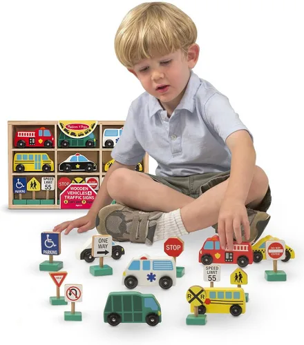 Melissa & Doug Set de juego de madera para 6 vehículos y 9 señales de tráfico y 1 paquete de minialmohadilla para rascar (03177)