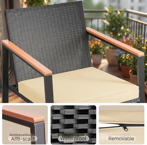 Miniatura 5 de Gizoon Juego de 3 piezas de bistró de patio mecedora con reposabrazos antiquemaduras, juego de muebles de mimbre para patio al aire libre con mesa