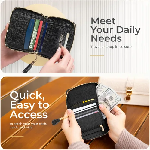 Miniatura 8 de Claasico Cartera Bifold para mujer con bloqueo RFID Cartera de piel auténtica con cremallera y bolsillo para monedas para mujer Elegante soporte