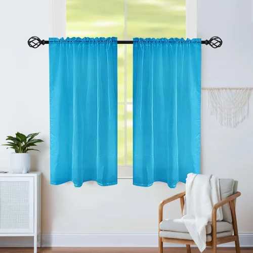 Cortinas semitransparentes de 30 pulgadas de largo, 2 paneles con bolsillo para barra, tratamiento de ventana para sala de estar, dormitorio, Azul
