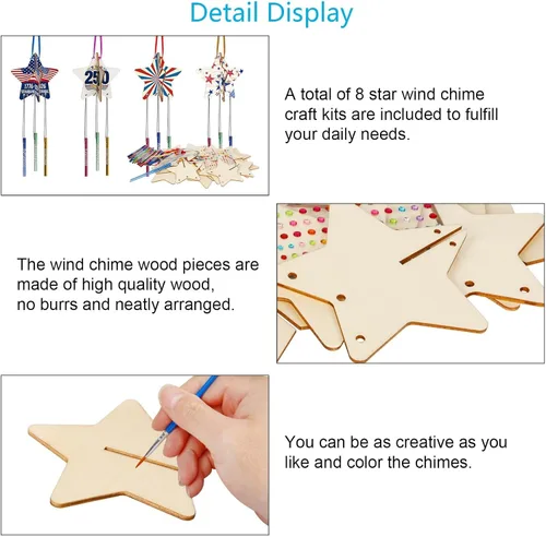 Miniatura 2 de Kit de campanillas de viento patrióticas de estrella 3D para niños, manualidades del 4 de julio, decoración de campanillas de viento de madera