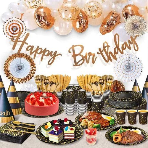 Miniatura 5 de AIRE 175 piezas Vajilla de papel negra y dorada para 25 invitados, suministros desechables para fiestas, vajilla con puntos dorados en platos 175