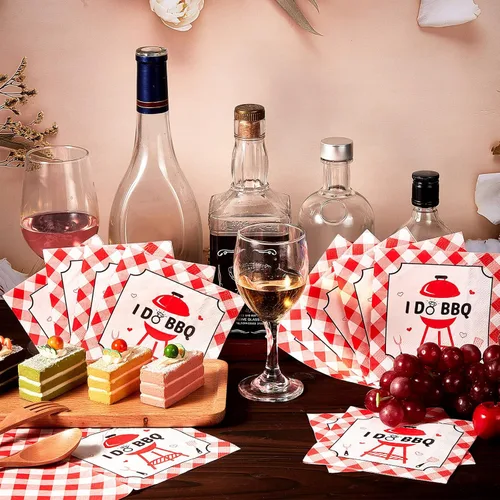 Miniatura 3 de Gueevin 100 servilletas de cóctel I Do BBQ, decoraciones de barbacoa rojo y blanco, servilletas a cuadros de papel desechable para bodas, despedidas