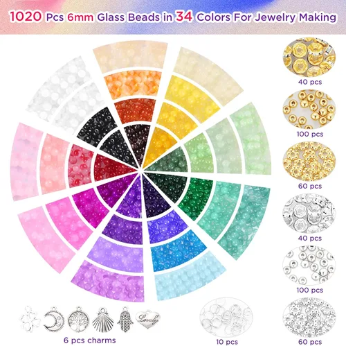 Miniatura 3 de 1368 piezas de cuentas de vidrio de 6 mm para pulseras, 34 colores de cuentas de cristal para hacer joyas, cuentas redondas de vidrio Funtopia