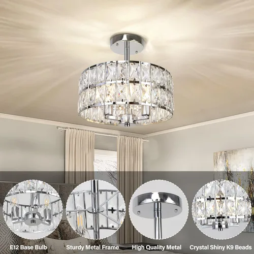 Miniatura 2 de Lámpara de techo redonda de cristal de 3 luces, moderna lámpara de pasillo de 12.6 pulgadas, lámpara de cocina semiempotrada cromada con pantalla