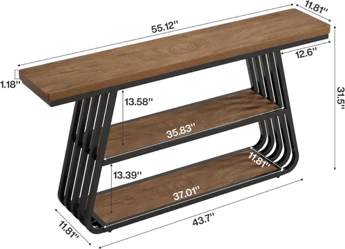 Miniatura 2 de Tribesigns Mesa de entrada de 55 pulgadas con estantes, mesa consola de 3 niveles con marco de hierro, mesa de entrada de madera para sala de estar