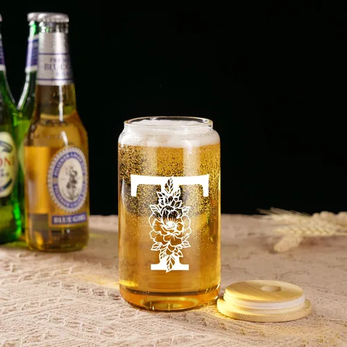Miniatura 6 de Coolife Vaso de vidrio con inicial, regalos con monograma para mujeres, tazas de vidrio de 16 onzas con tapas y pajitas, vaso de cerveza para batido