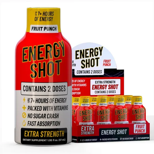 Fruit Punch Extra Strength Energy Shot 12 unidades – 260 mg de cafeína natural B12 B6 – Apoyo de energía y enfoque – 2 porciones sin azúcar Té verde