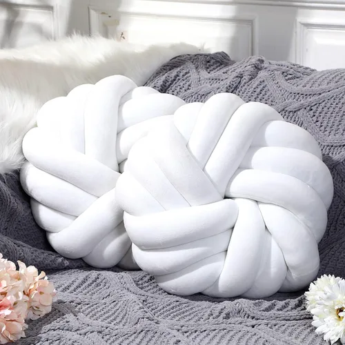 Miniatura 14 de Fumete 2 Piezas Almohadas de Nudo Redondas de 14 Pulgadas, Almohada de Bola de Nudo de Felpa Suave Decorativa Hecha a Mano, Cojín Decorativo Moderno