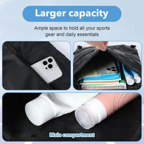 Miniatura 5 de Black Drawstring Backpack Bag Draw String Back Bag for Men Women, Lightweight Cinch Sack Sport Gym Backpack Bags for Beach Travel Yoga Swimming