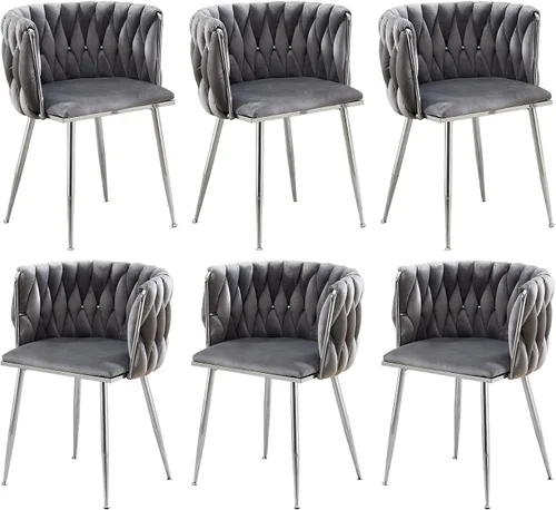 Miniatura 14 de Juego de 2 sillas de comedor de terciopelo, sillas laterales tapizadas tejidas con patas de metal plateado, Sillas de Comedor 2, sillas decorativas