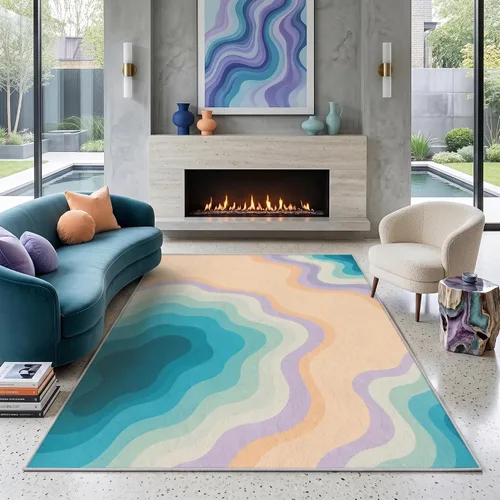 Miniatura 2 de Abstract Mid Century Rug 2x3 ft, Teal Aqua Contour Wave Washable Area Rug, Soft Low Pile Non Slip Modern Rug for Living Room Bedroom Dining Room