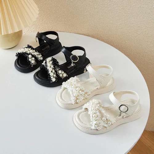 Miniatura 5 de BININBOX Sandalias planas de verano para niñas pequeñas y grandes, con purpurina y puntera abierta, antideslizantes, suela de goma suave, zapatos